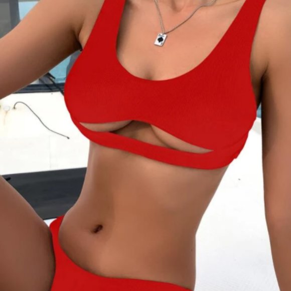Brand New Ribbed Cut Out Bikini in Red - Picture 1 of 5